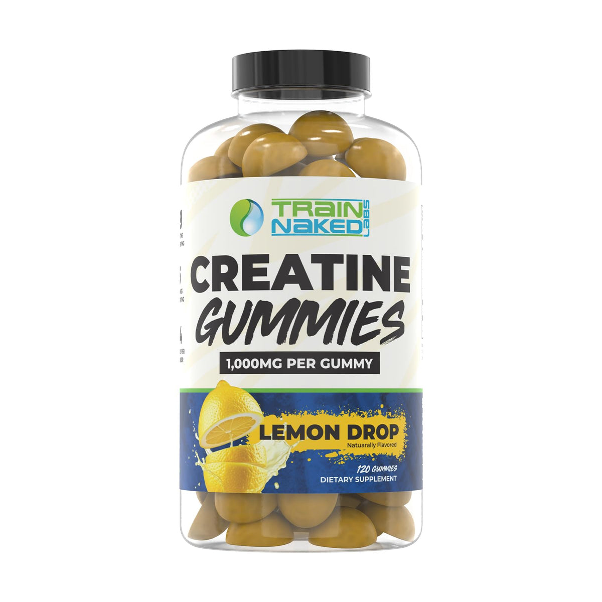 Train Naked Labs Creatine Gummies lemon drop bottle for daily supplementation.