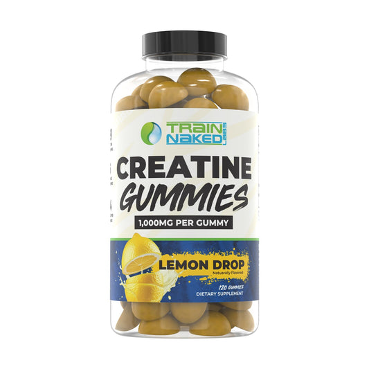 Train Naked Labs Creatine Gummies lemon drop bottle for daily supplementation.