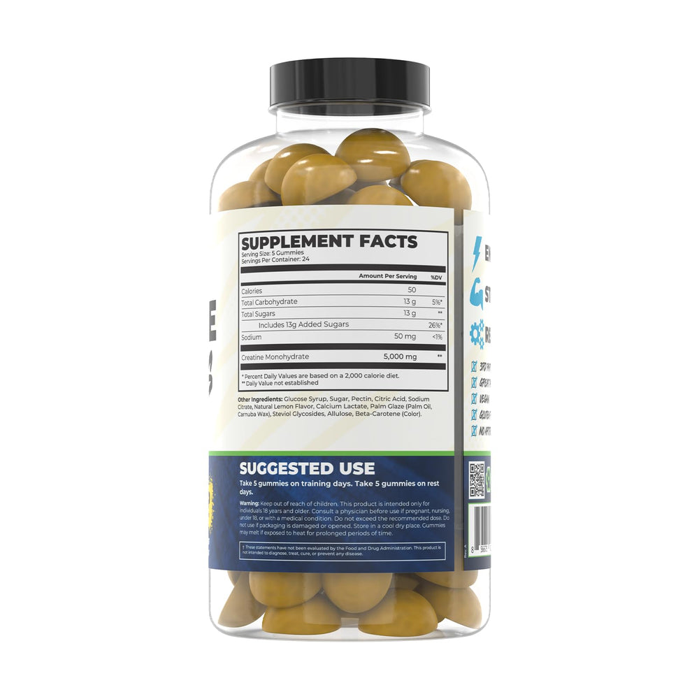 Train Naked Labs Creatine Gummies lemon drop close-up of chewy gummies.