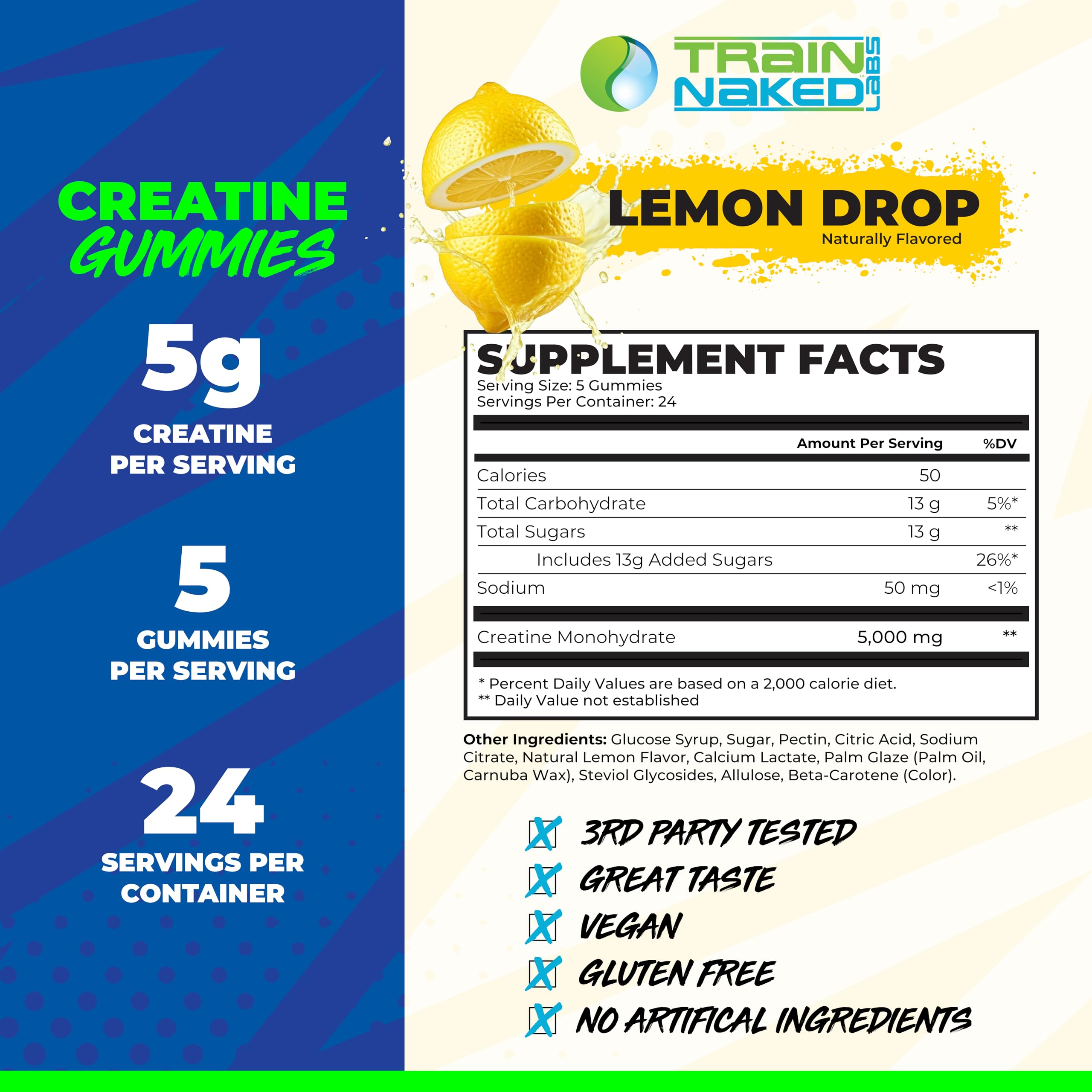 Train Naked Labs Creatine Gummies lemon drop label shows 5g per serving.