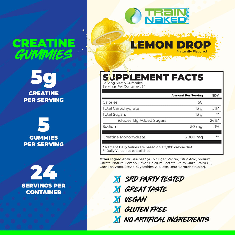 Train Naked Labs Creatine Gummies lemon drop label shows 5g per serving.