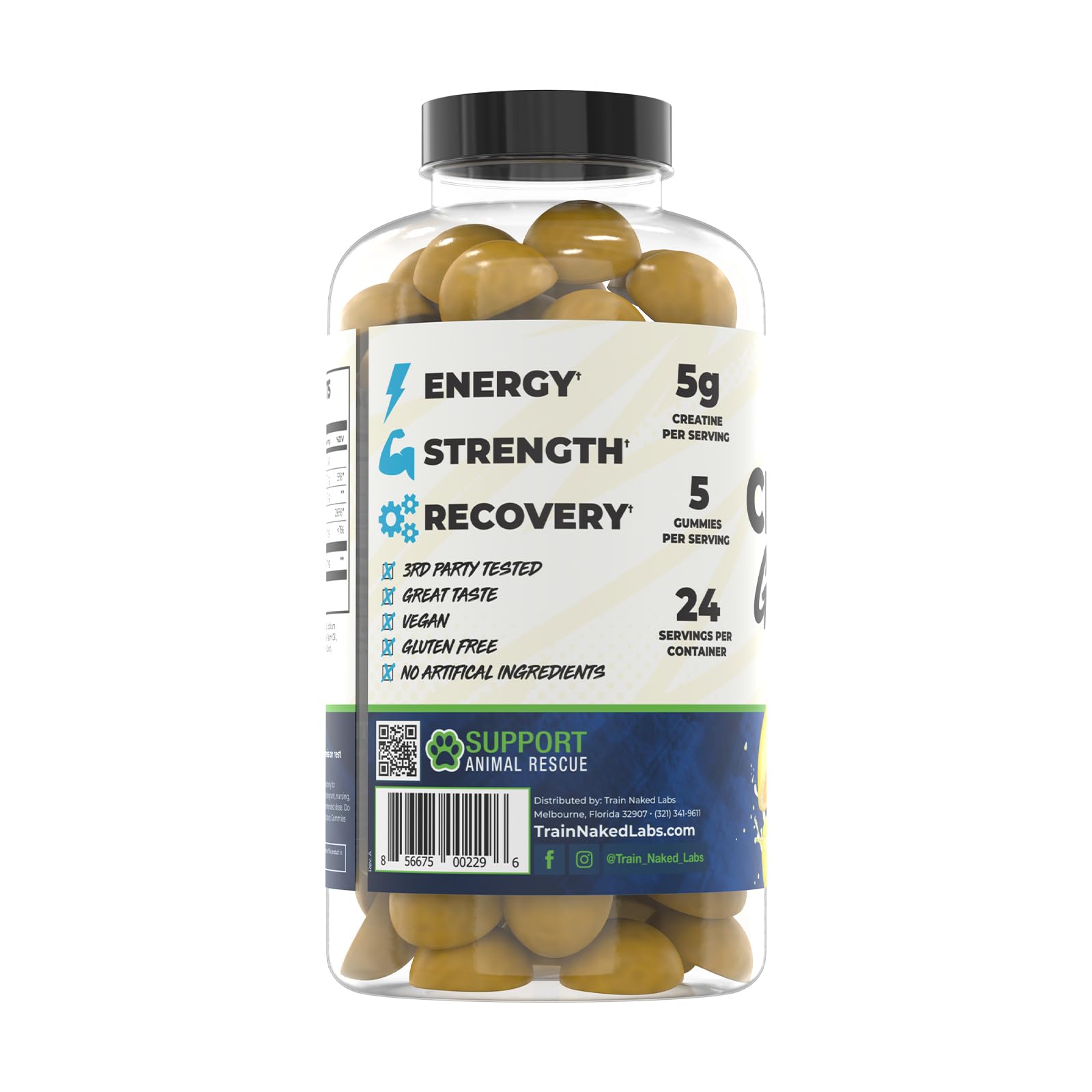 Train Naked Labs Creatine Gummies lemon drop packaging highlights gluten-free vegan formula.