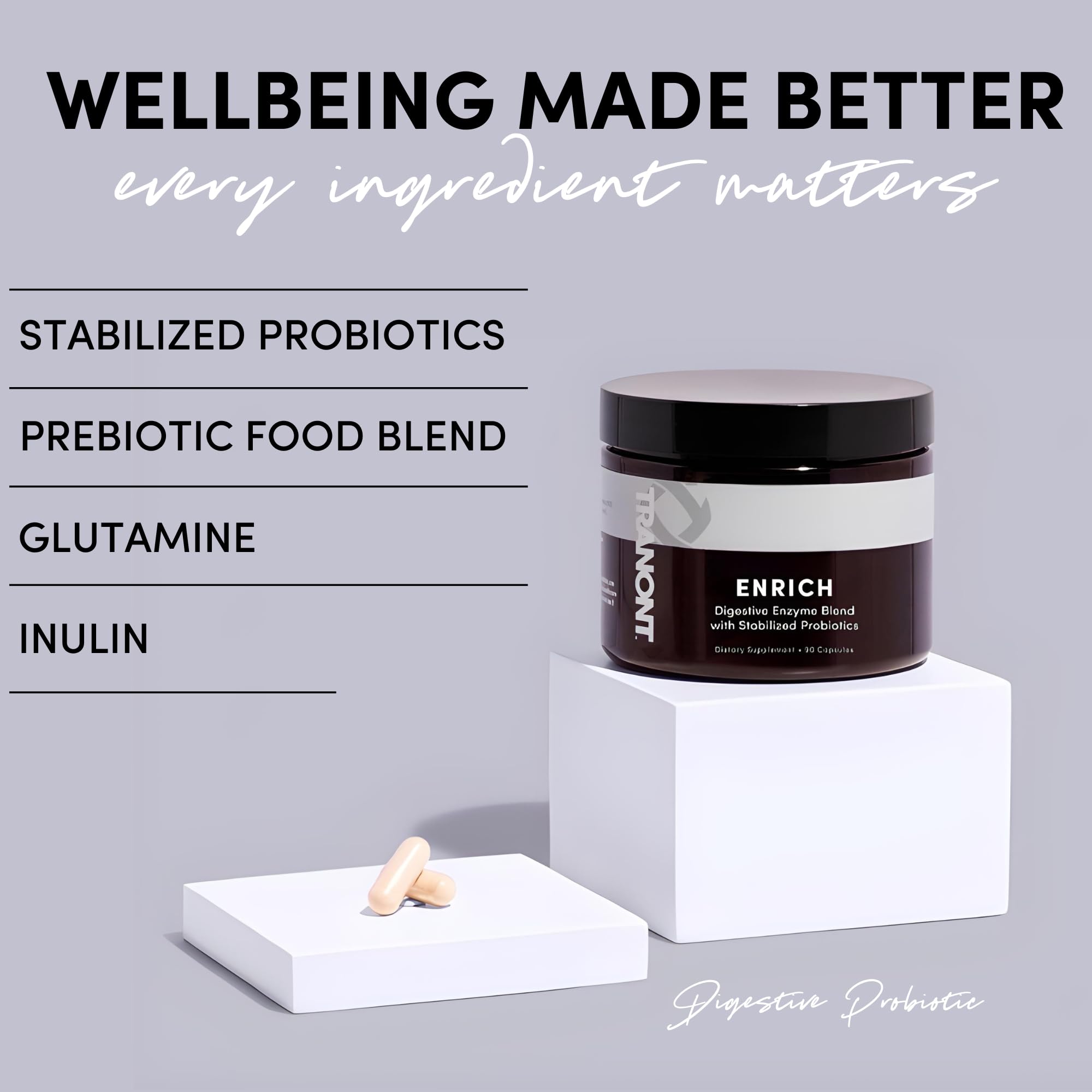 Tranont Enrich probiotic and prebiotic blend illustrating gut balance benefits.