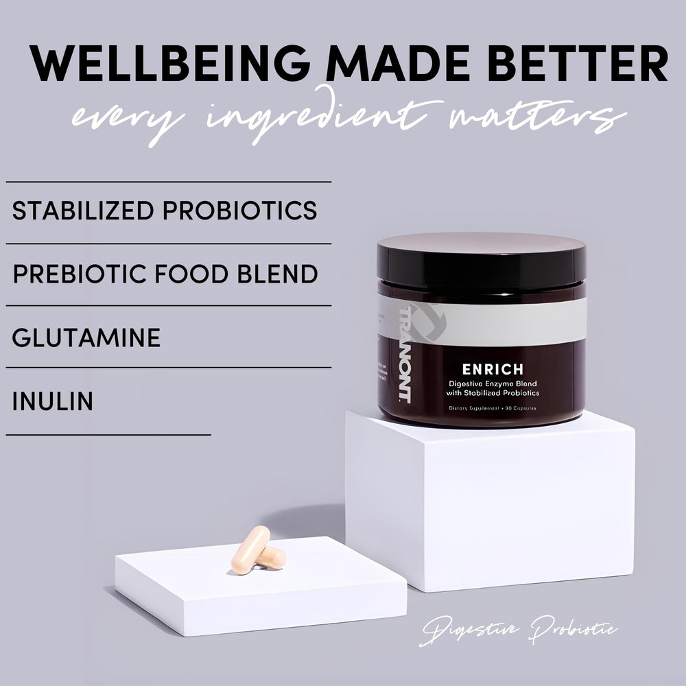 Tranont Enrich probiotic and prebiotic blend illustrating gut balance benefits.