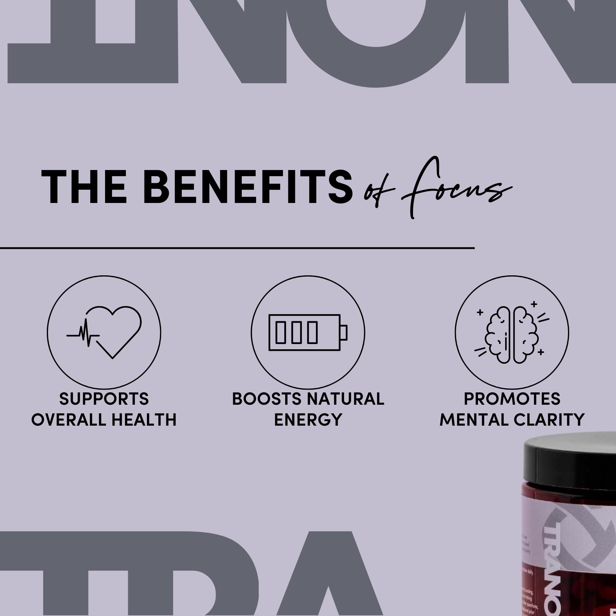 Tranont Focus bottle label closeup highlighting vegan, gluten-free formula