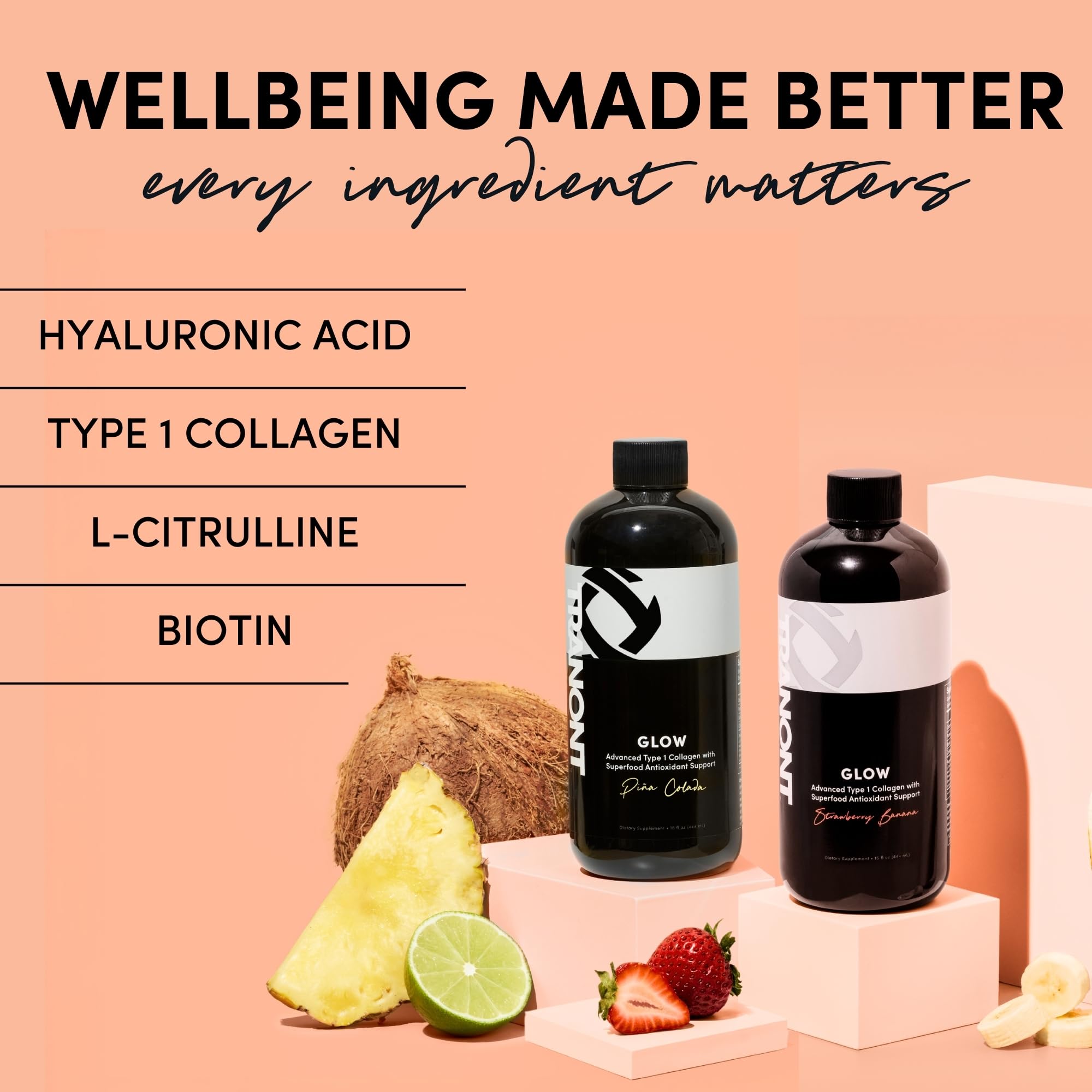 Tranont Glow scoop and bottle showing two-tablespoon daily serving for an easy routine.