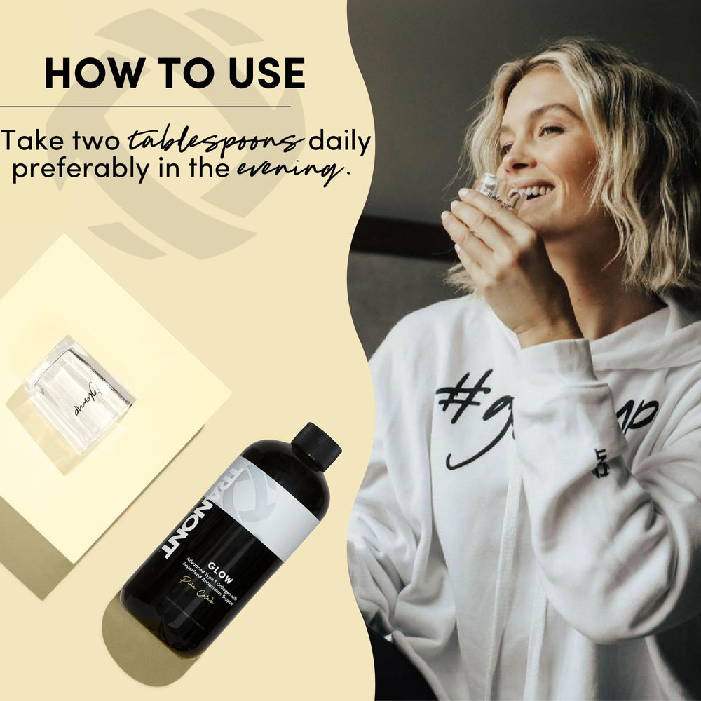 Tranont Glow label and packaging emphasizing vegan-friendly, gluten-free formula.
