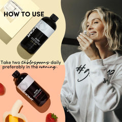 Tranont Glow liquid collagen bottle highlights hyaluronic acid and peptides for skin and joints.