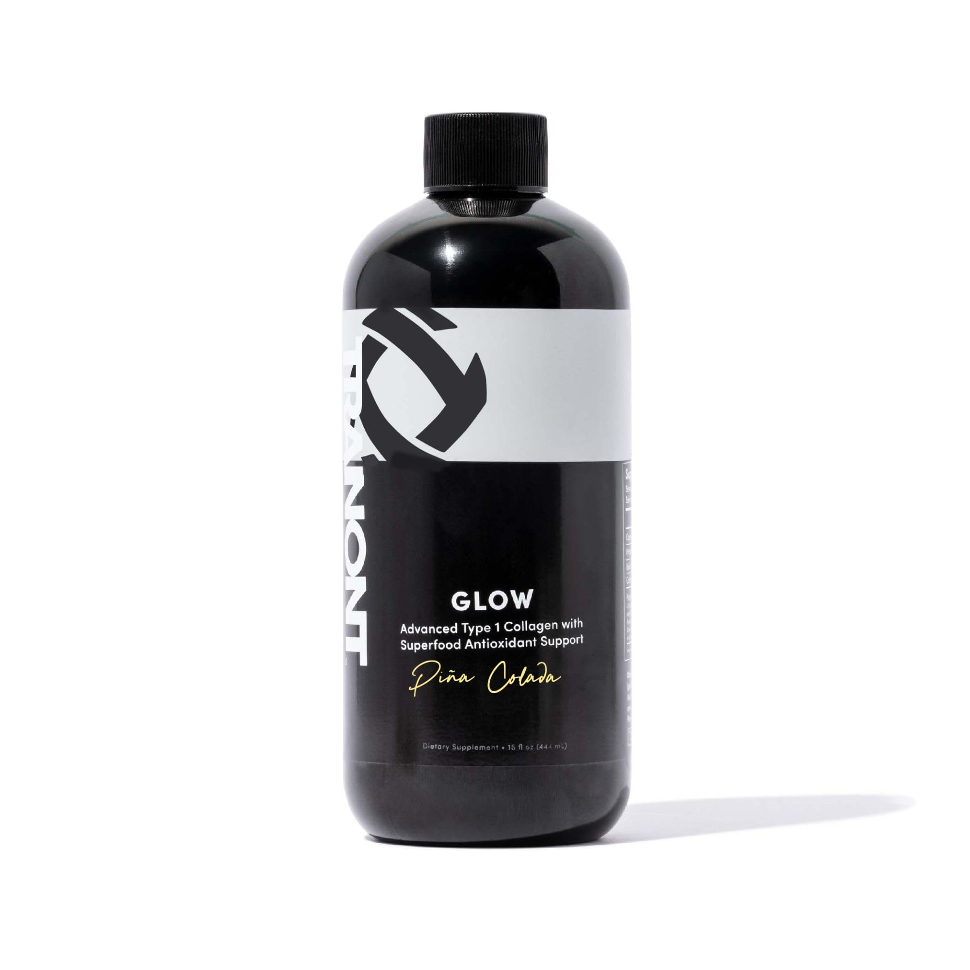 Tranont Glow Pina Colada bottle highlighting hydration and antioxidant support for skin health.
