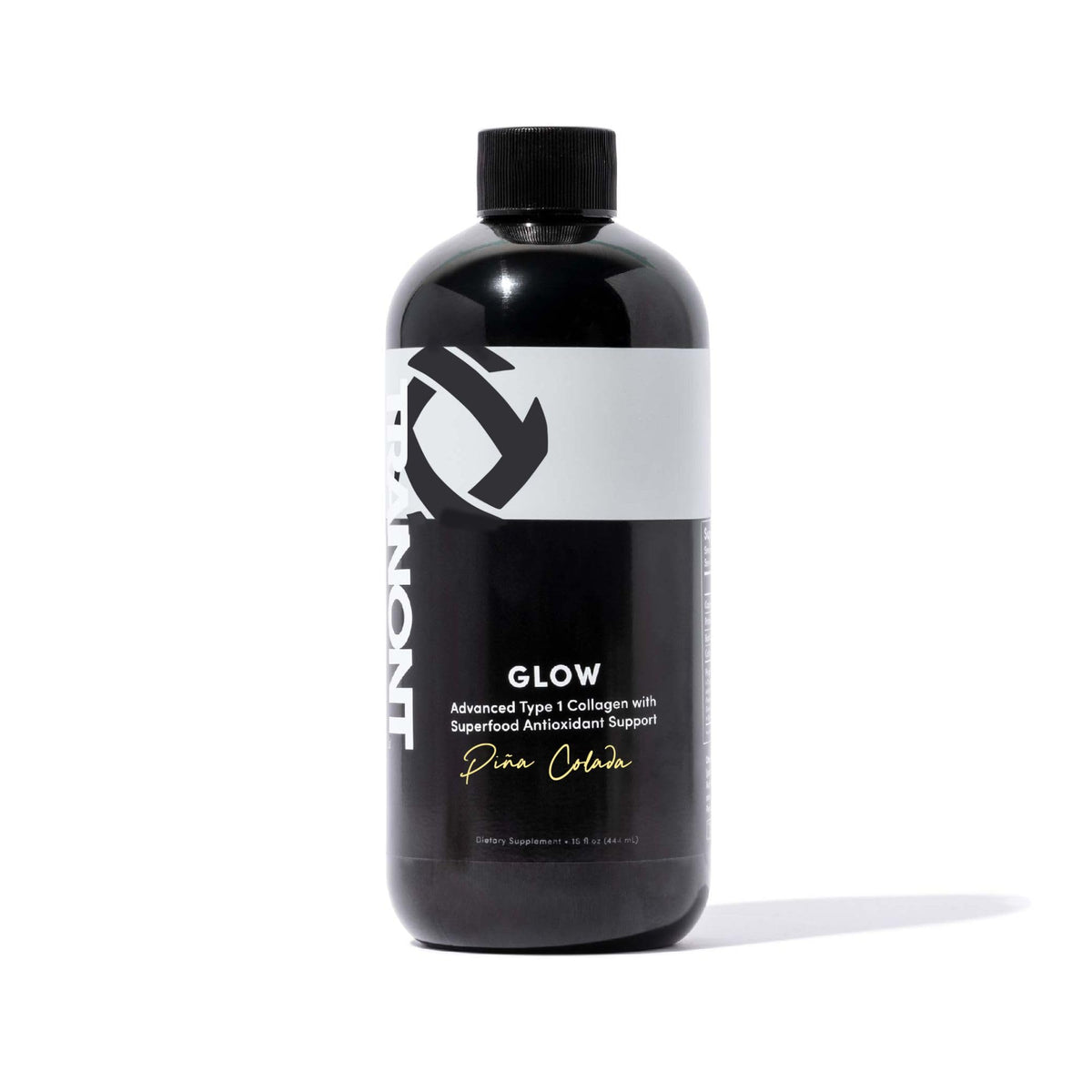Tranont Glow Pina Colada bottle highlighting hydration and antioxidant support for skin health.