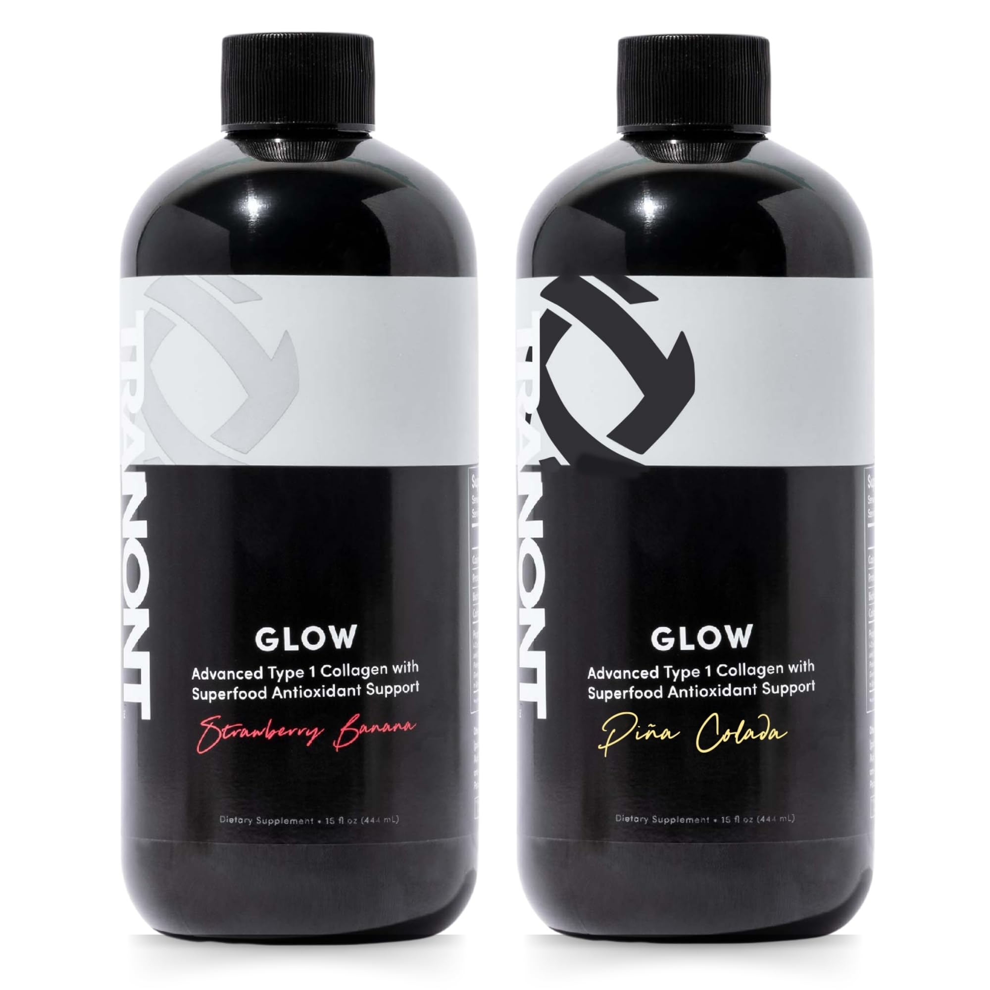 Tranont Glow bottle pouring strawberry-banana flavor for daily hydration and antioxidant support.