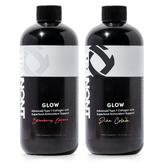 Tranont Glow bottle pouring strawberry-banana flavor for daily hydration and antioxidant support.