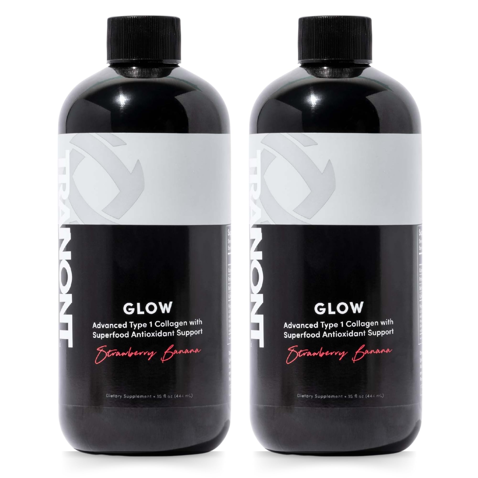 Tranont Glow Strawberry Banana bottle showing hydration and antioxidant blend.