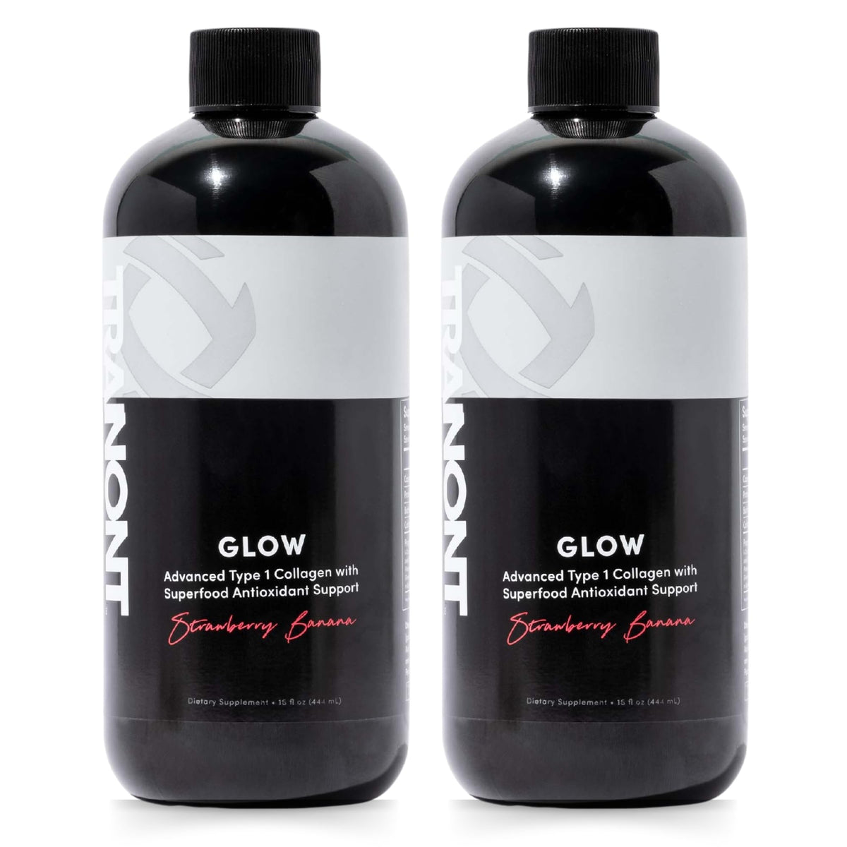 Tranont Glow Strawberry Banana bottle showing hydration and antioxidant blend.