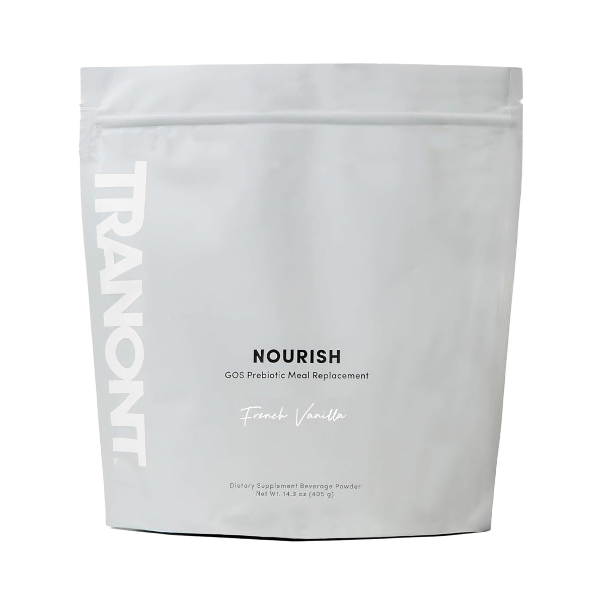 Tranont Nourish bottle with French Vanilla showing premium daily nutrition.