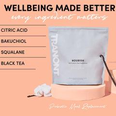 Tranont Nourish shake in a glass with vanilla hue ready for a meal replacement.