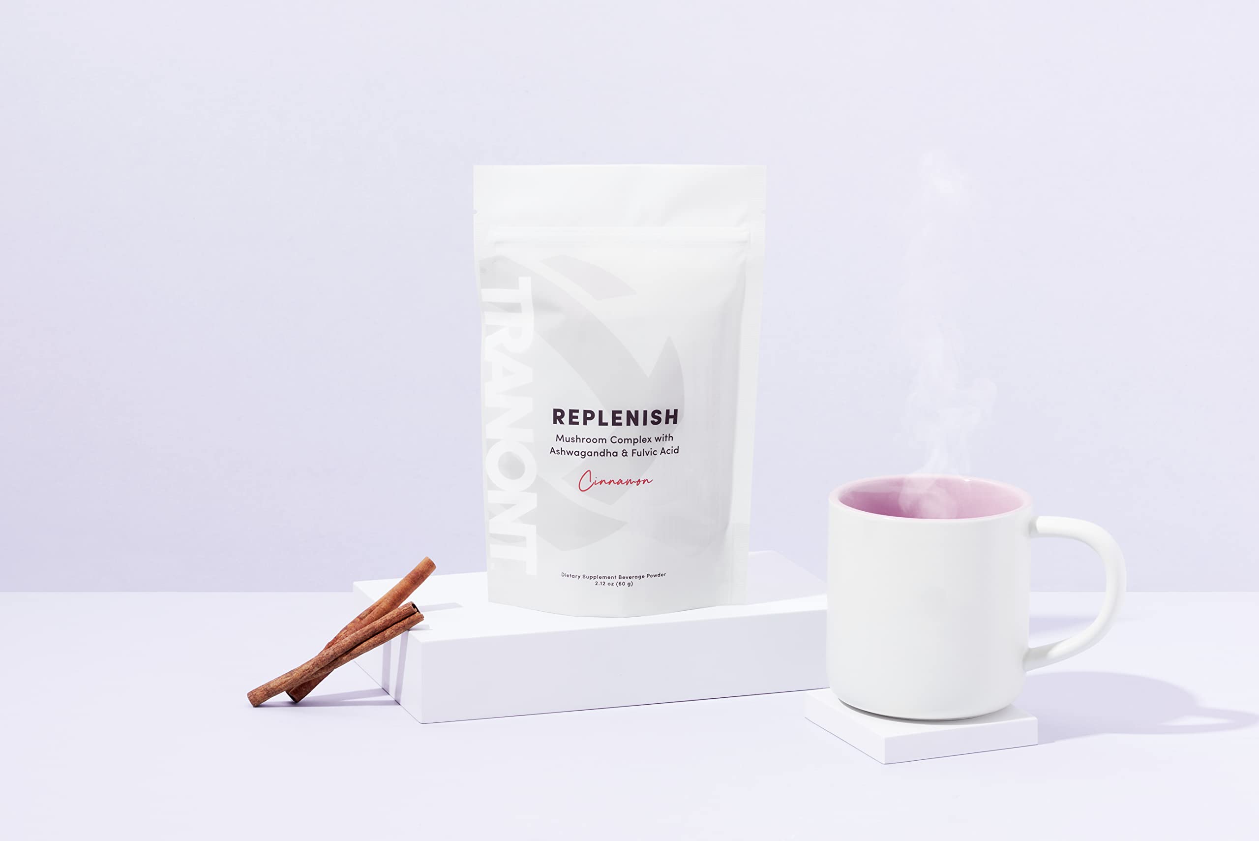 Tranont Replenish ingredients visual, highlighting ashwagandha and fulvic acid benefits.