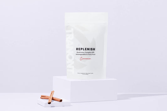 Tranont Replenish cinnamon beverage, glass with prepared drink showing inviting flavor profile.