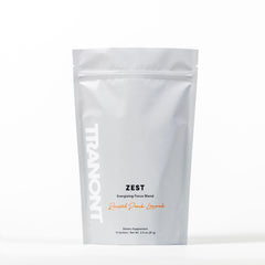 Tranont Zest energy powder packaging front shows gluten-free formula for busy days.