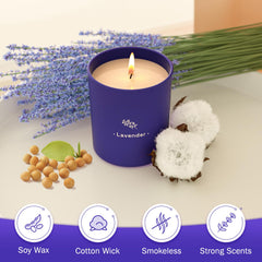 TranquilBliss candle in purple jar on a table for cozy evenings.