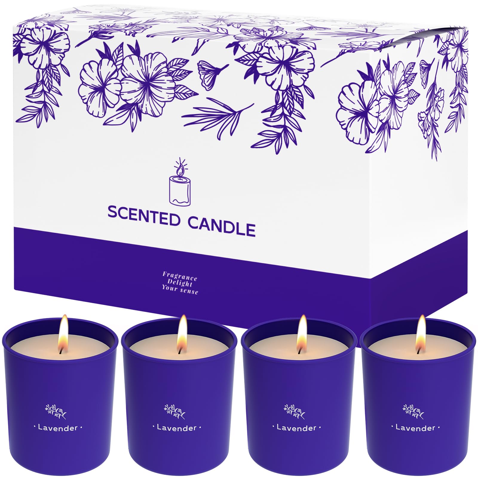 TranquilBliss lavender candle in a purple jar creates a calming ambiance.
