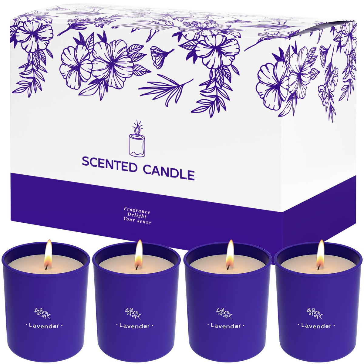 TranquilBliss lavender candle in a purple jar creates a calming ambiance.
