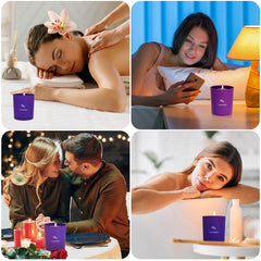 Soft glow from TranquilBliss soy wax candle in purple jar.