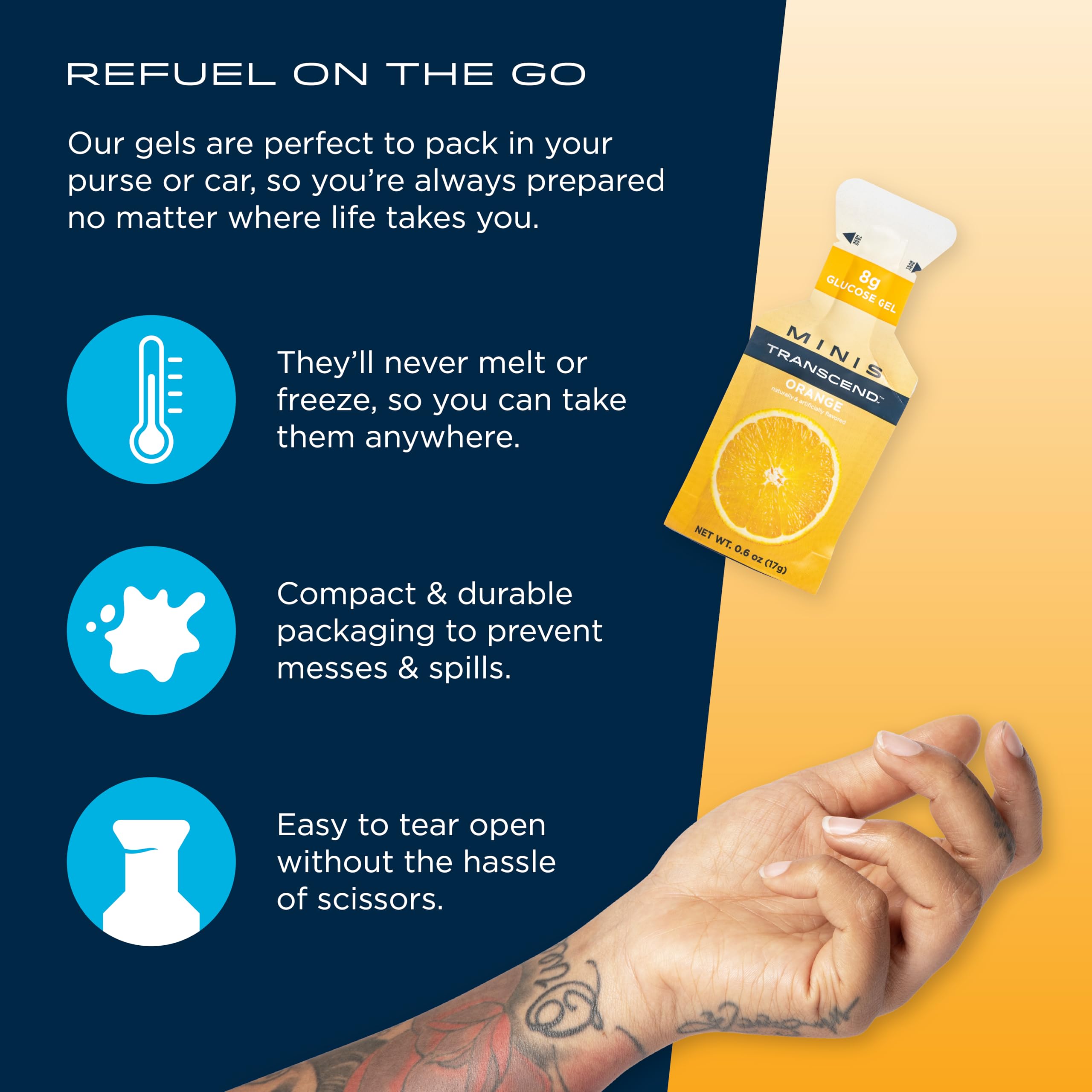 Hand holding Transcend Mini Orange Gel for immediate energy boost.