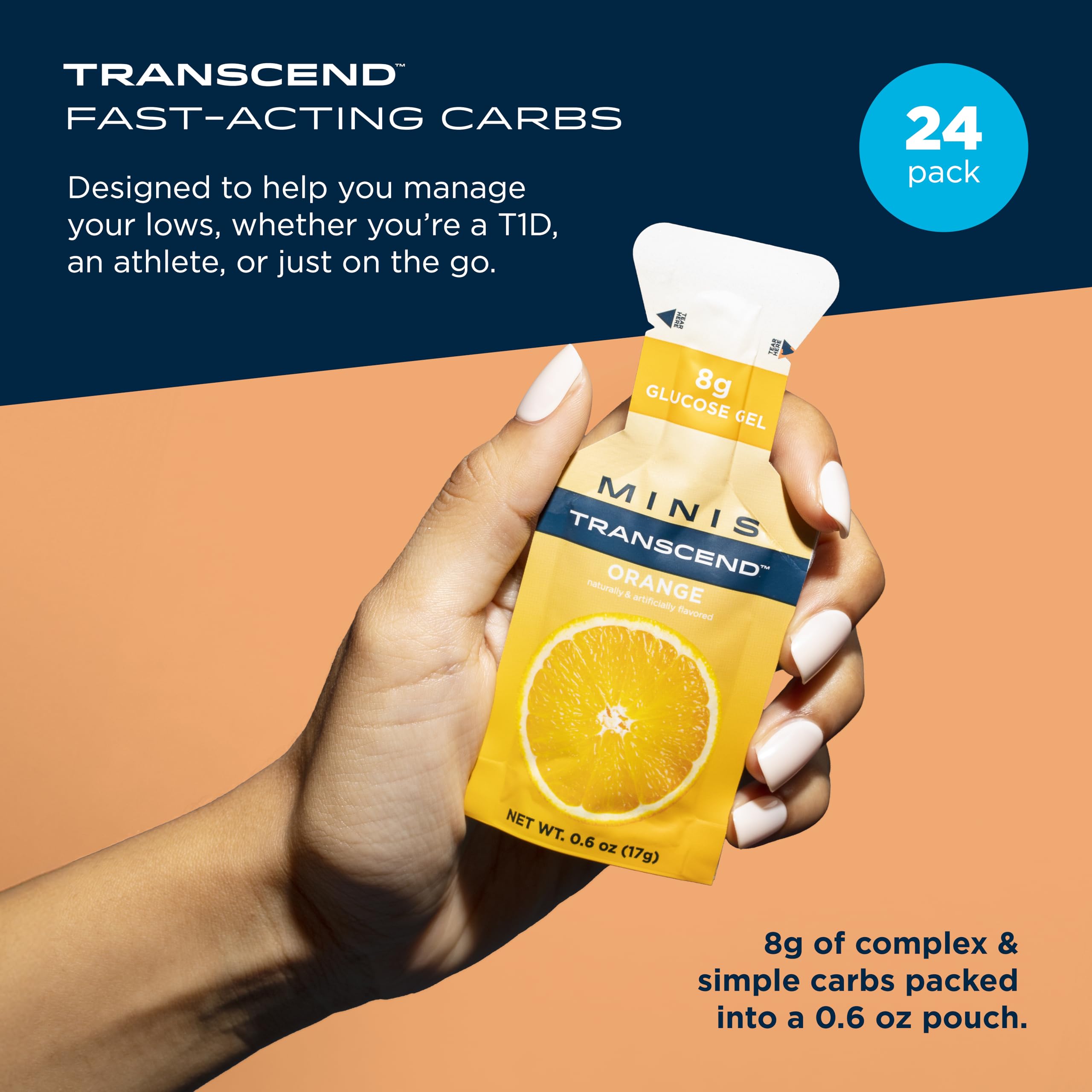 Close-up of Transcend sachet with bright orange gel for on-the-go fueling.