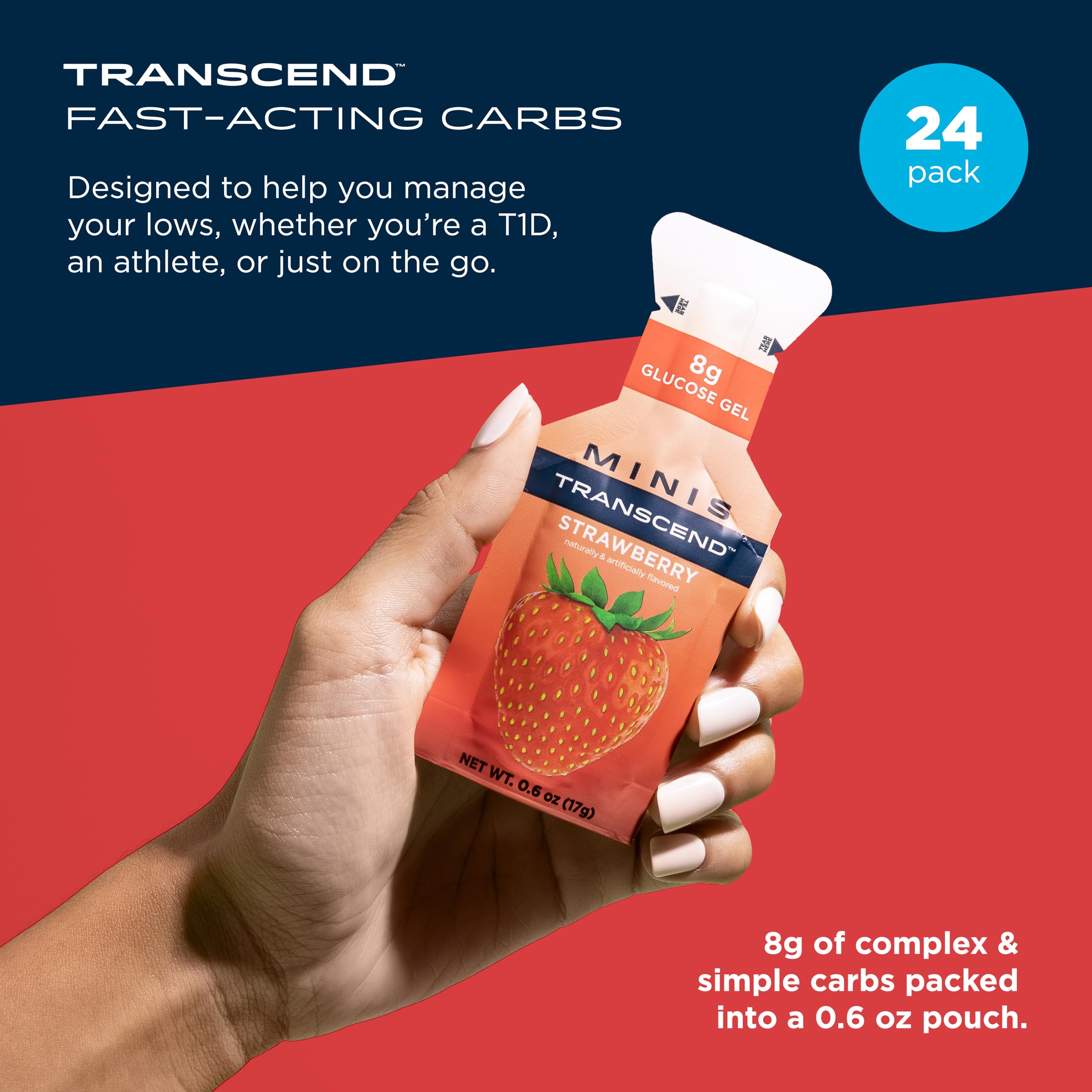 Transcend mini strawberry gel pack shown beside running belt for travel-friendly fueling