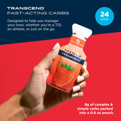 Transcend mini strawberry gel pack shown beside running belt for travel-friendly fueling