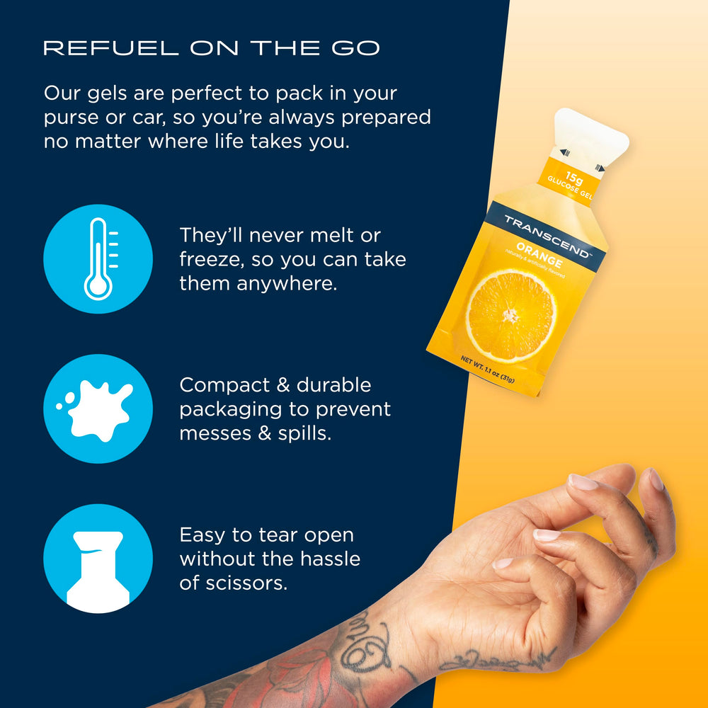Open packet of Transcend Orange Gel ready for quick energy on the trail.