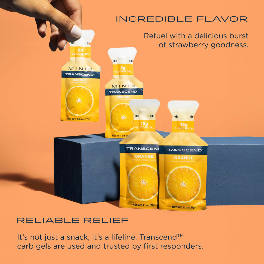 Close-up of Transcend Orange Gel packaging with convenient single-serving sachets.