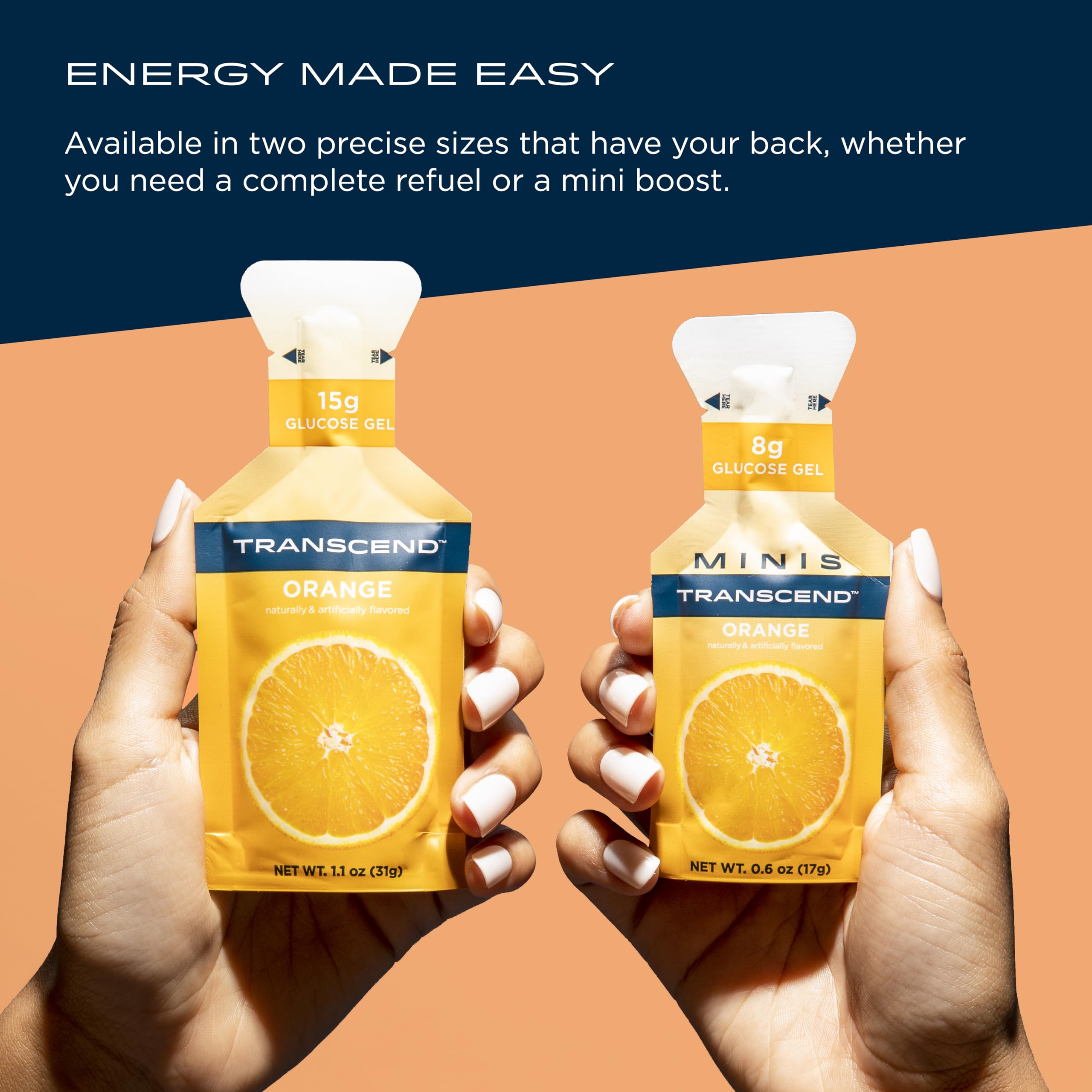 Transcend orange gels caffeine-free-icon indicates a non-stim option for sensitive athletes.