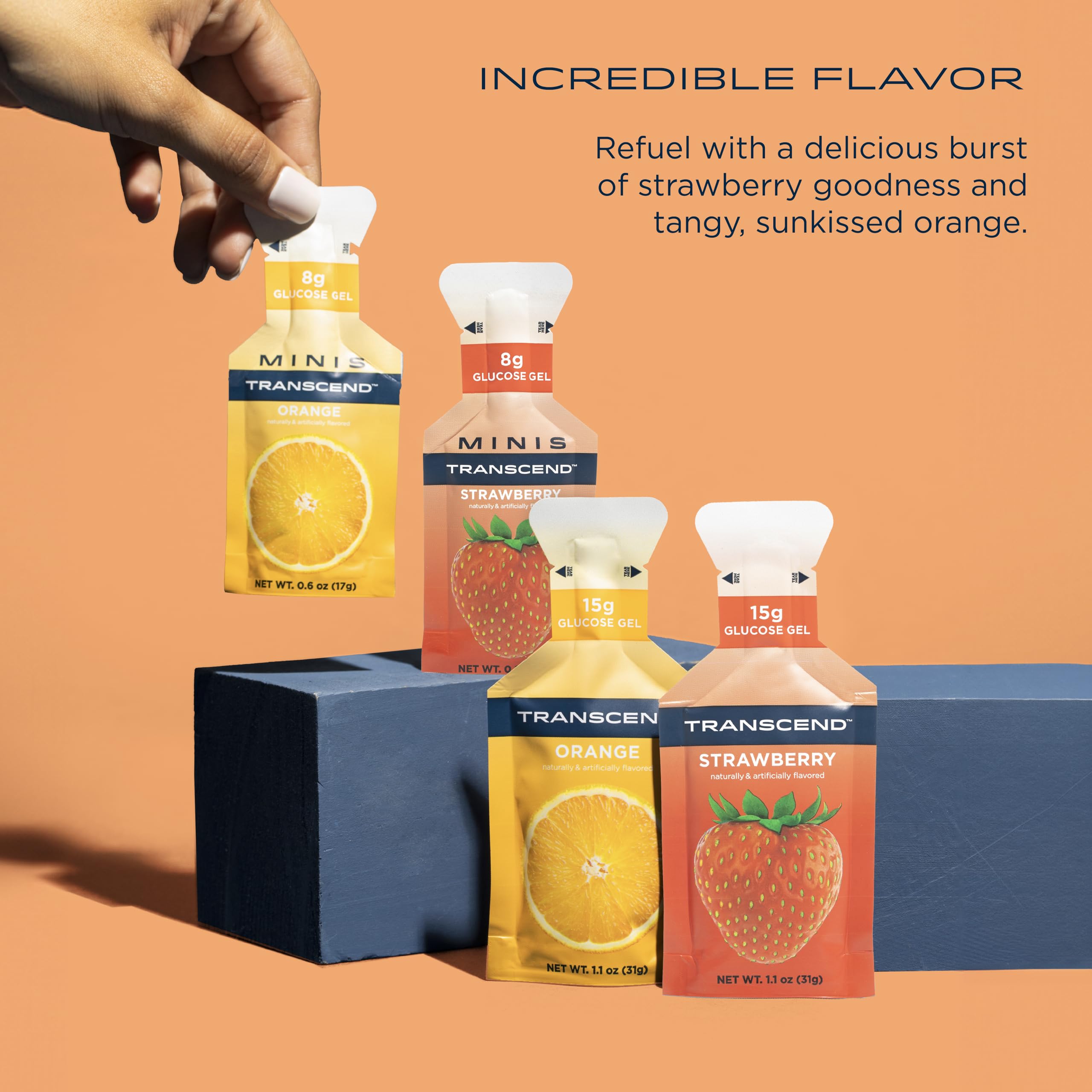 Transcend Orange Gels closeup reveals bright citrus energy for pace.