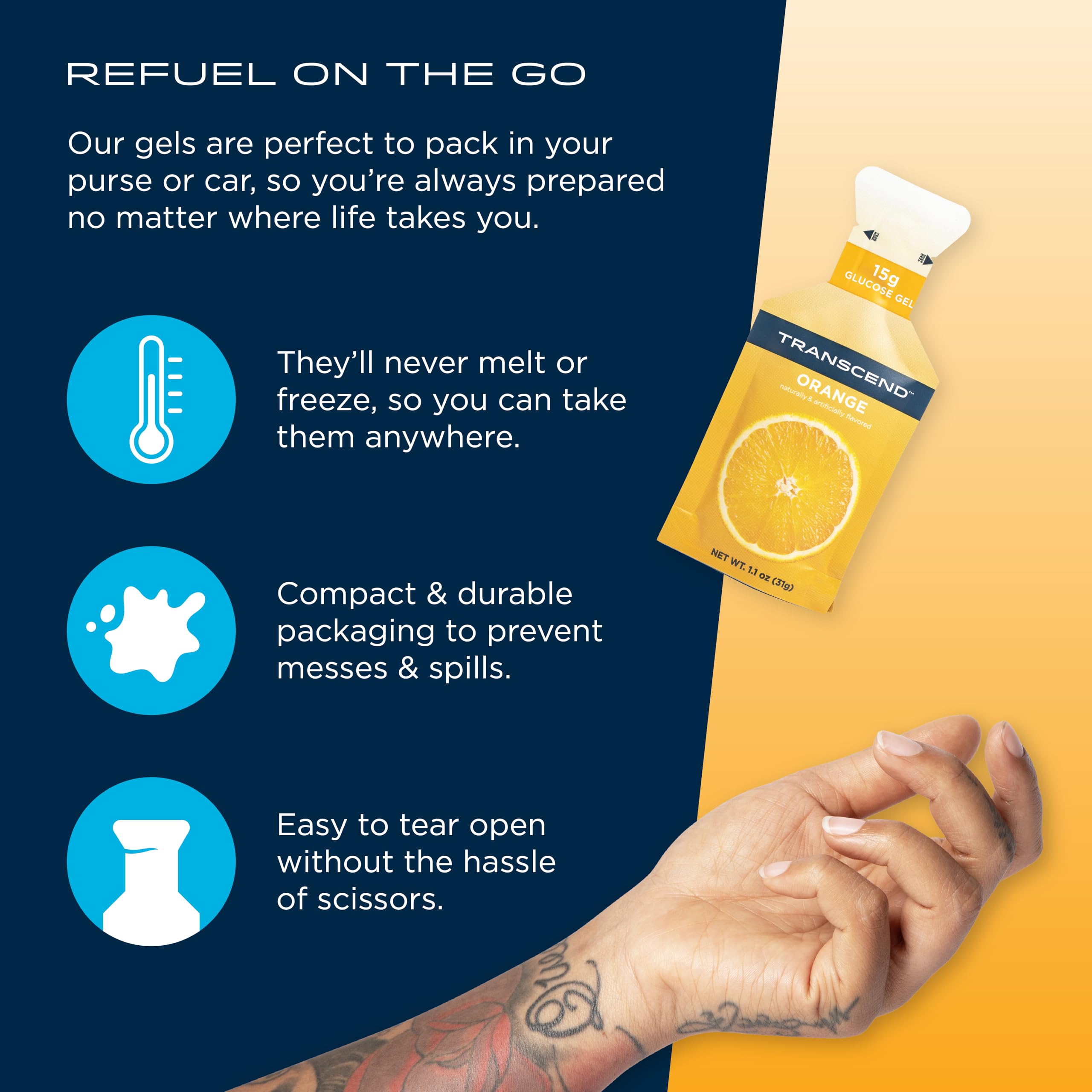 Transcend orange gels gluten-free-label signals dietary compatibility during training.