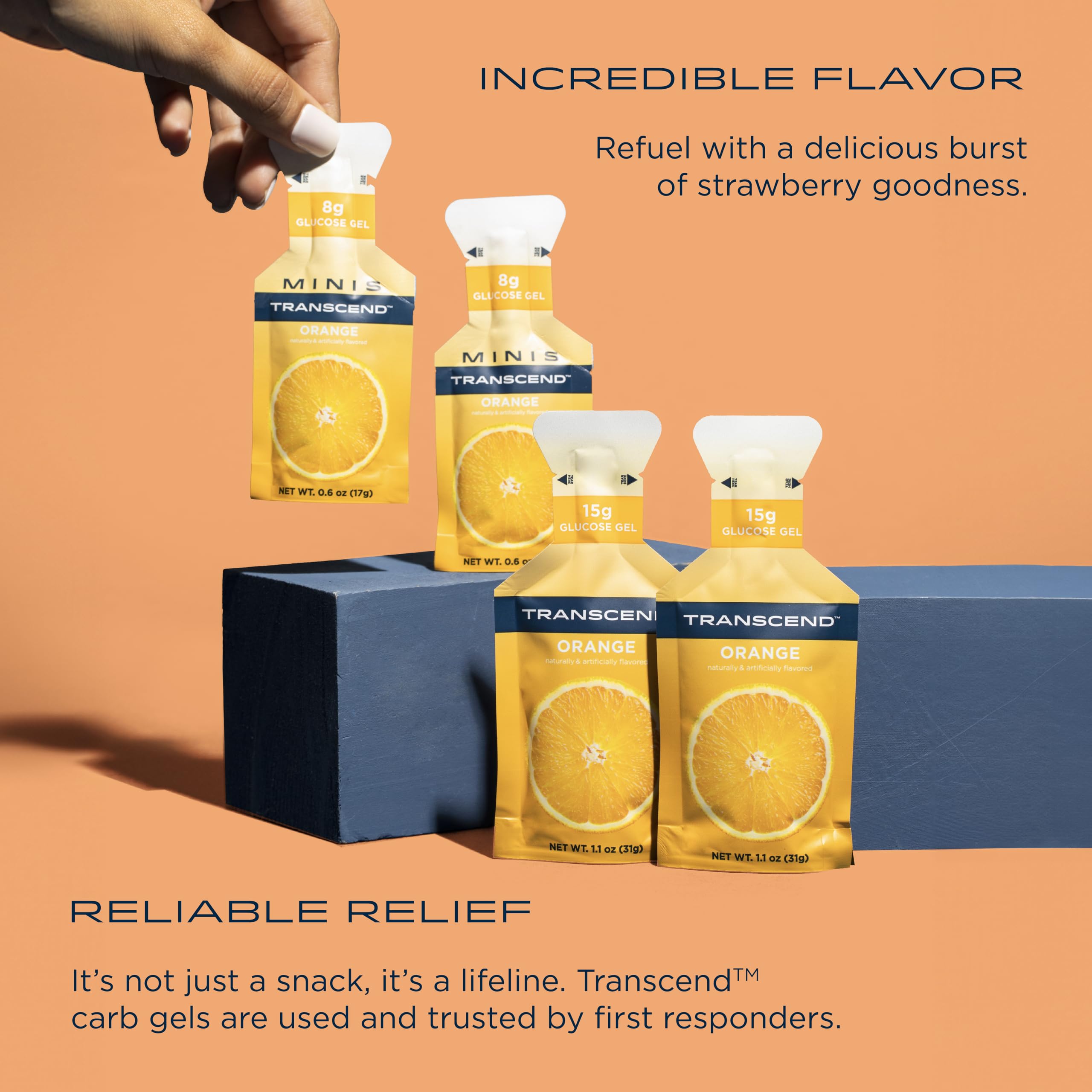 Transcend orange gels individual-packets highlight portable fueling for runs.