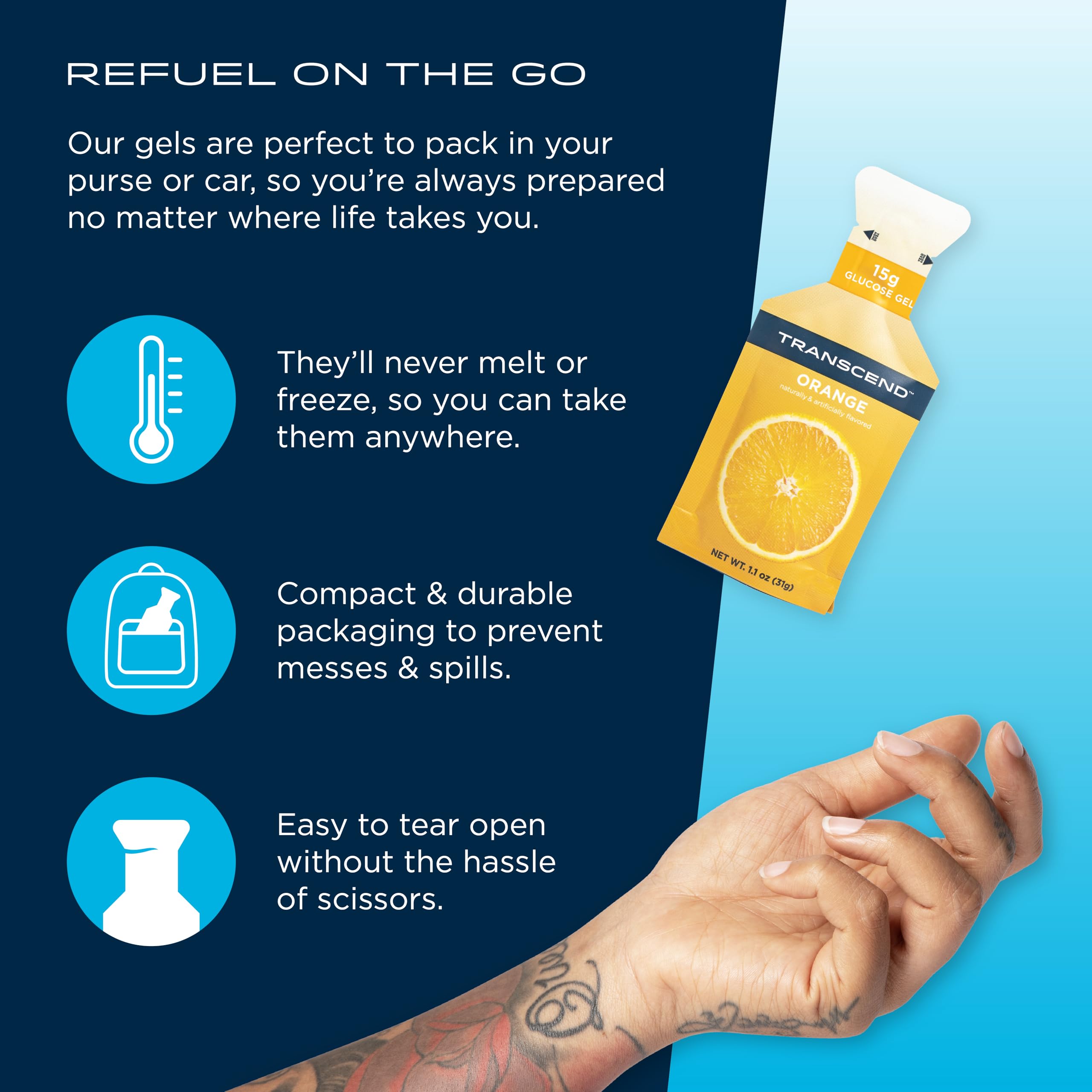 Transcend Orange Gels open pack ideal for on-the-go fueling.