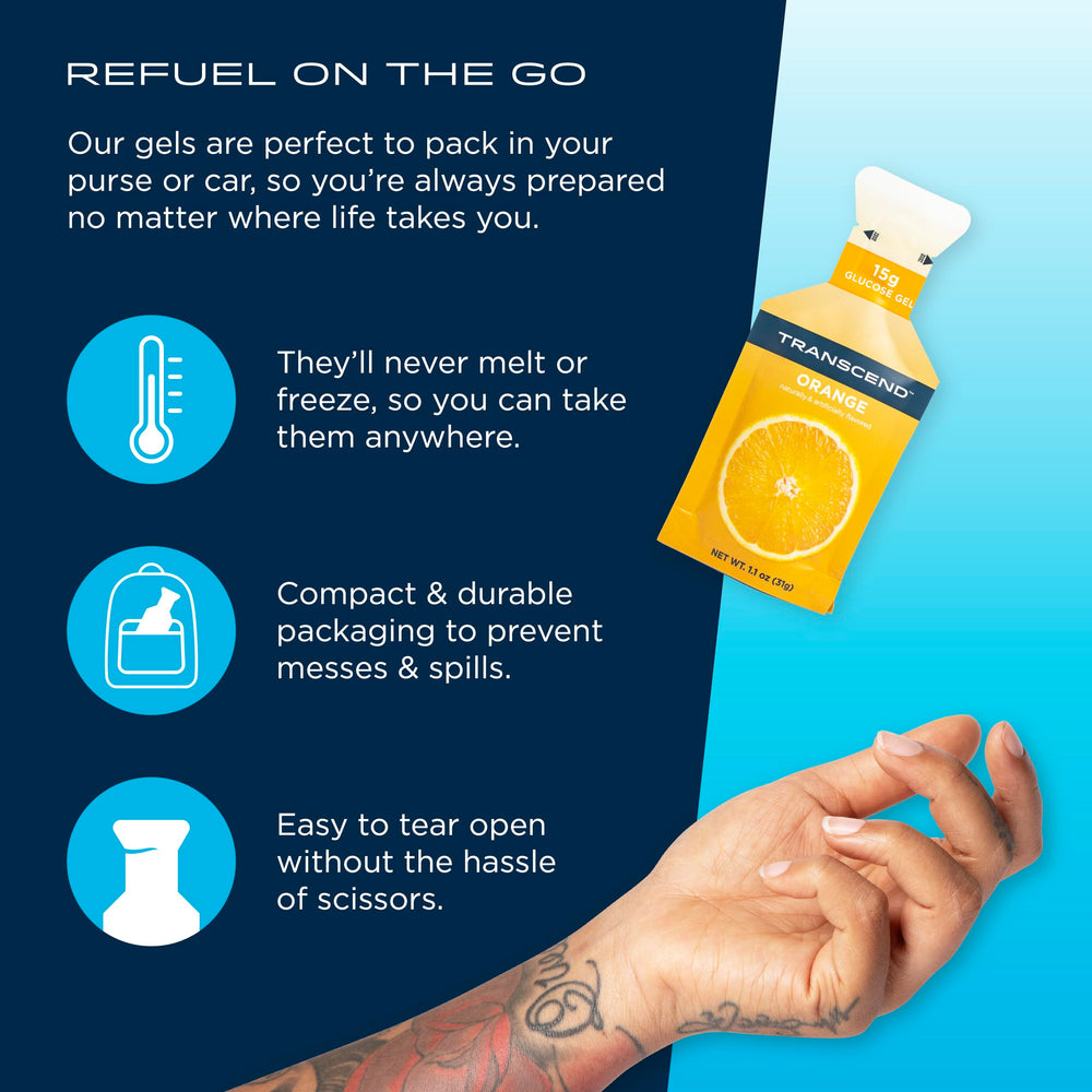 Transcend Orange Gels open pack ideal for on-the-go fueling.