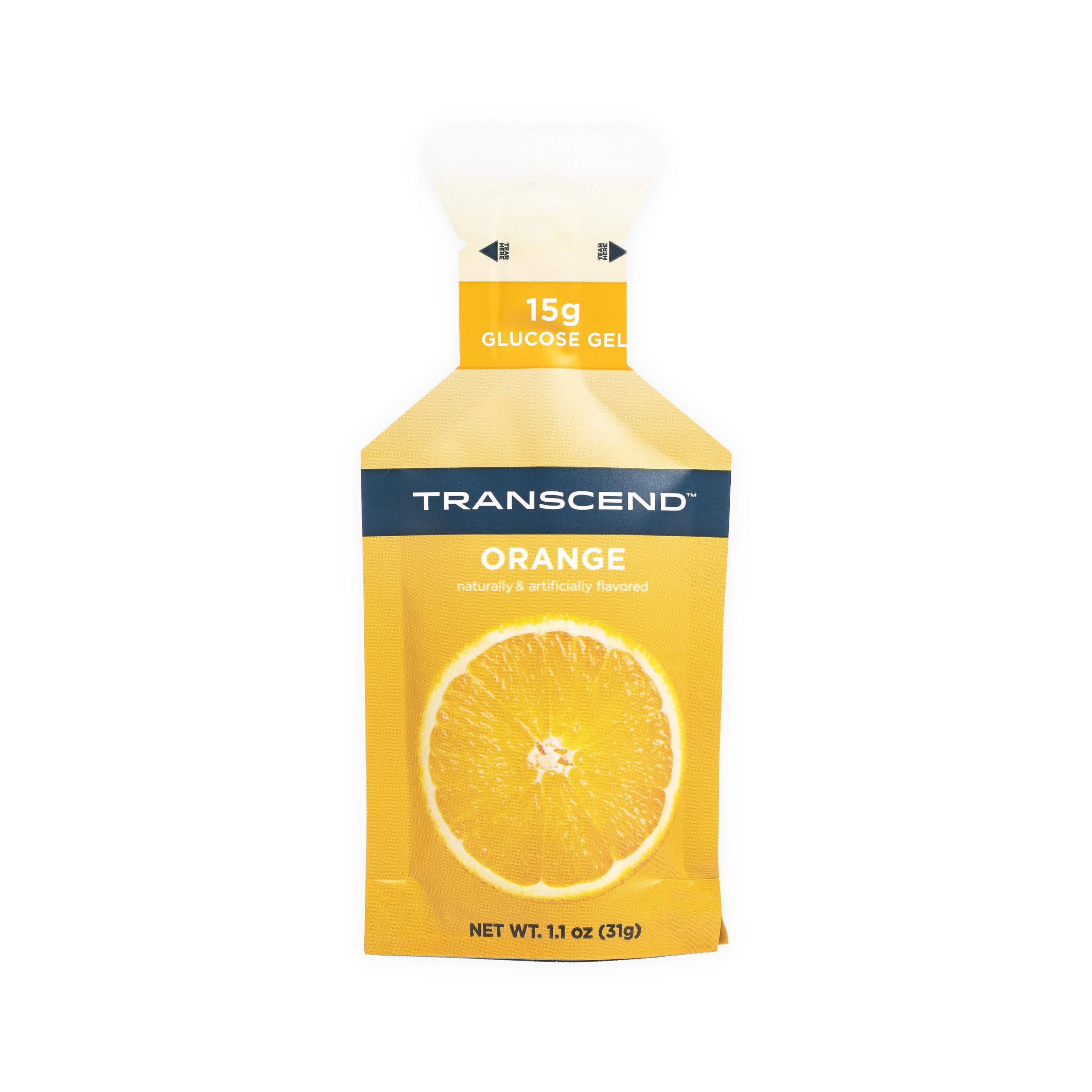Transcend orange gels pack-front: convenient on-the-go energy for endurance workouts.