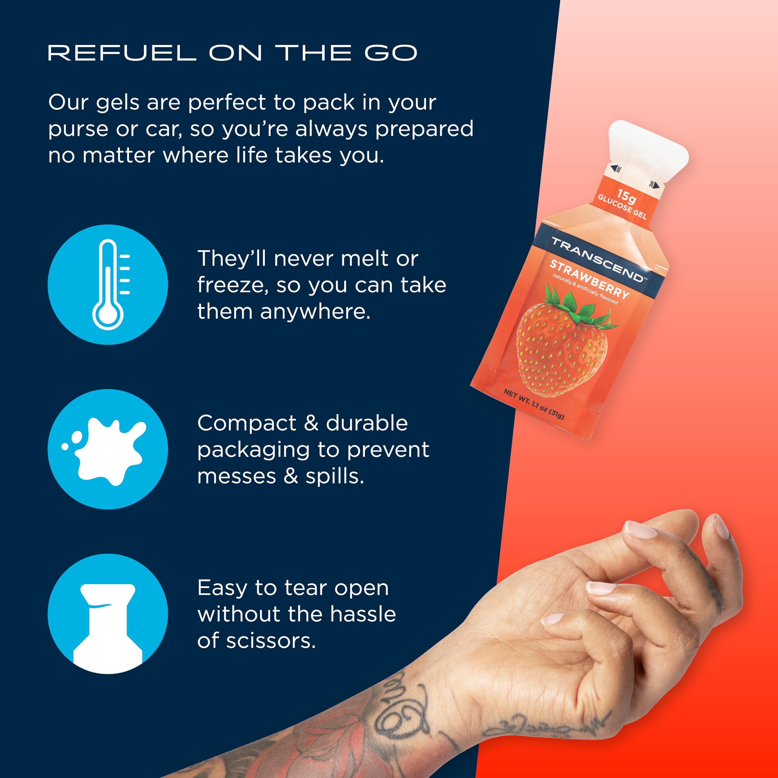 Pocket-ready Transcend Gel packets for easy fueling during workouts.