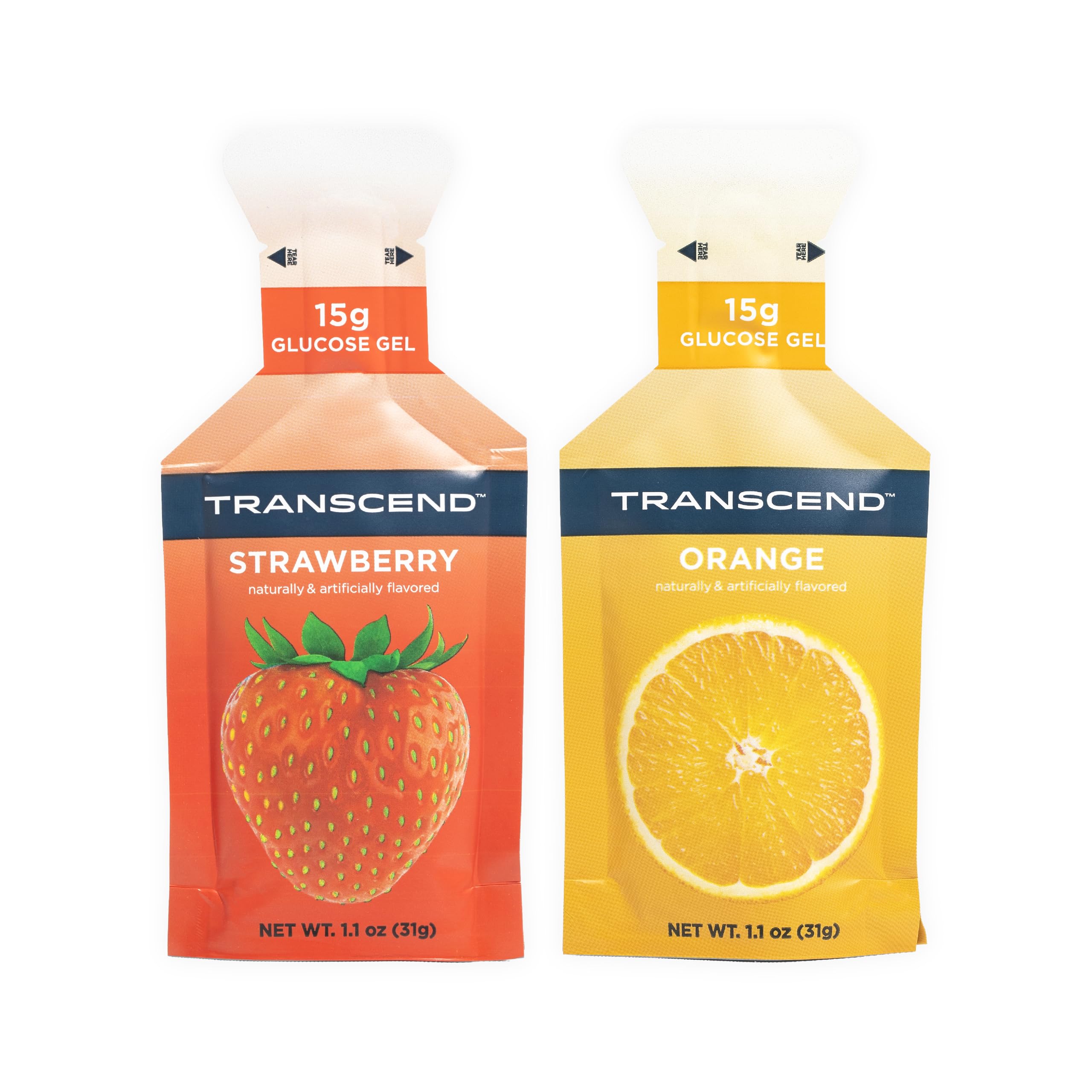Transcend Strawberry + Orange Gels 24-pack on shelf for quick workout fueling.