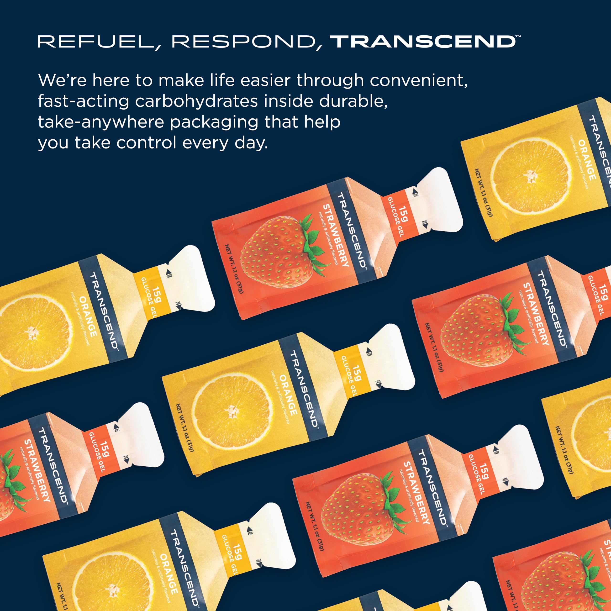 Transcend Strawberry + Orange Gels label front highlighting gluten-free and caffeine-free benefits.
