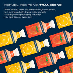 Transcend Strawberry + Orange Gels label front highlighting gluten-free and caffeine-free benefits.