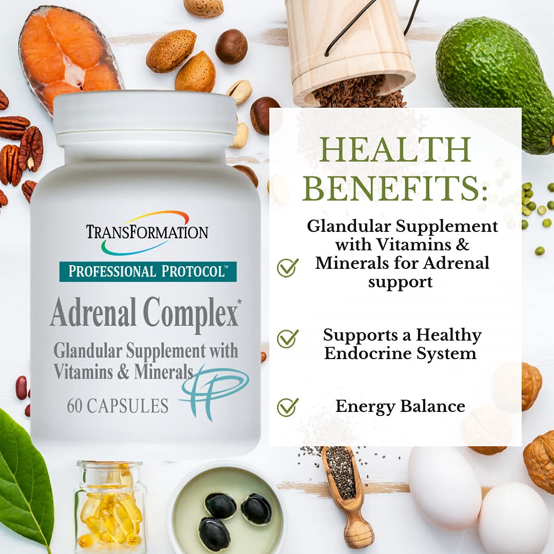Transformation Adrenal Complex bottle label shows ingredients and recommended usage.