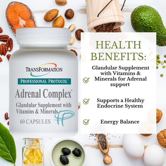 Transformation Adrenal Complex bottle label shows ingredients and recommended usage.