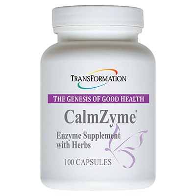 Transformation CalmZyme bottle front showing herbal enzyme blend for digestion support.
