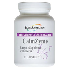 Transformation CalmZyme bottle front showing herbal enzyme blend for digestion support.