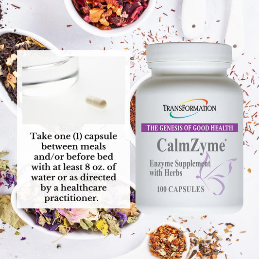 Transformation CalmZyme capsules pack highlights plant enzymes for better nutrient digestion.