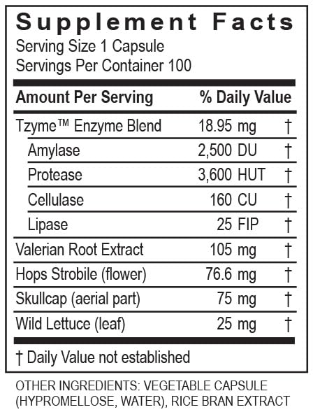 Transformation CalmZyme label close-up underscores dairy-free and vegetarian formulation.